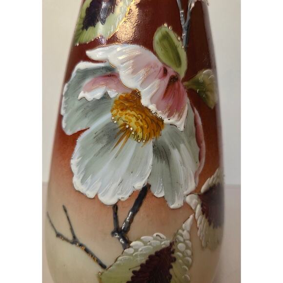 Antique Hand-Painted Milk Glass Vase Victorian Floral Enamel 9.5"; c. 1900 - Picture 2 of 6